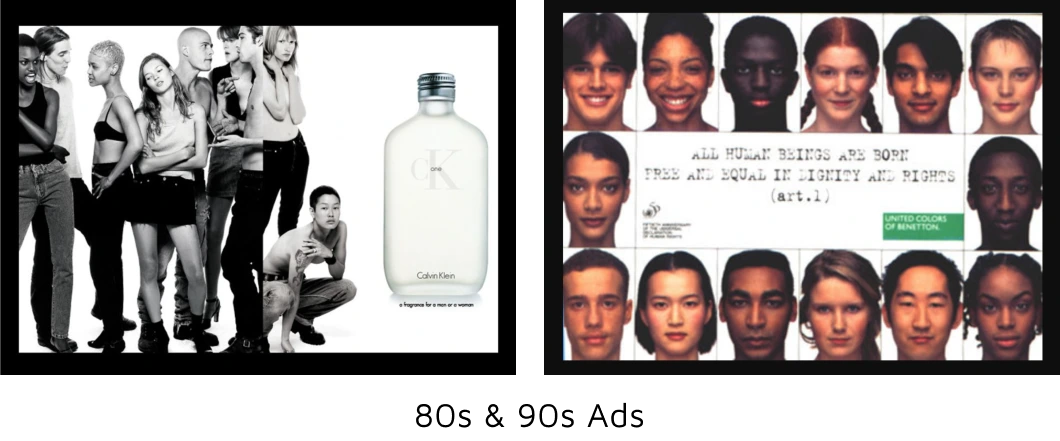 Two images featuring ad campaigns from the 80s and 90s
